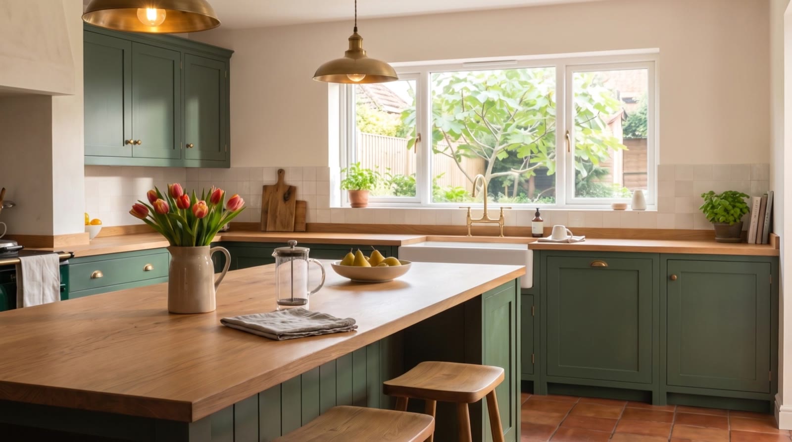 A green kitchen with a wooden island, clear counters and tulips by the window.