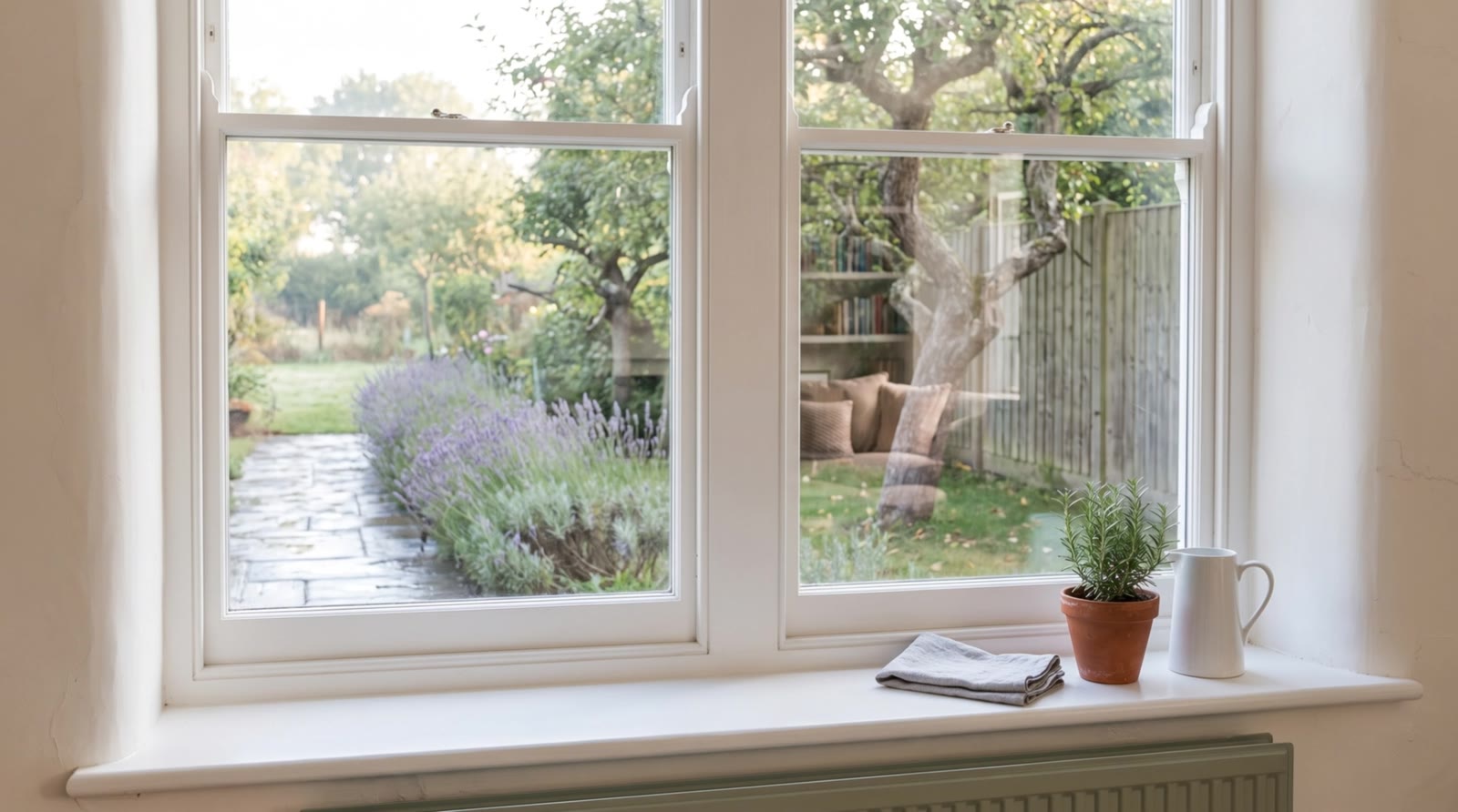 A clean cottage sash window looking out on a garden path lined with lavender.